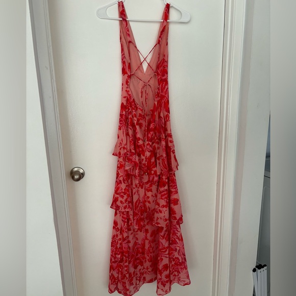 Floral Red Strappy Back Ruffle Dress - Picture 3 of 4